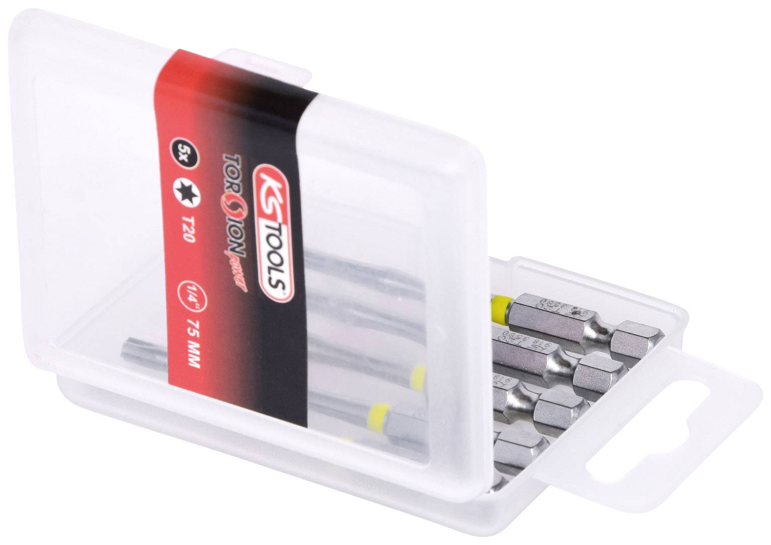 Ein transparentes Kunststoffetui enthält mehrere silberne Schraubendrehereinsätze der Marke KS Tools, gekennzeichnet als T20, 75 mm.