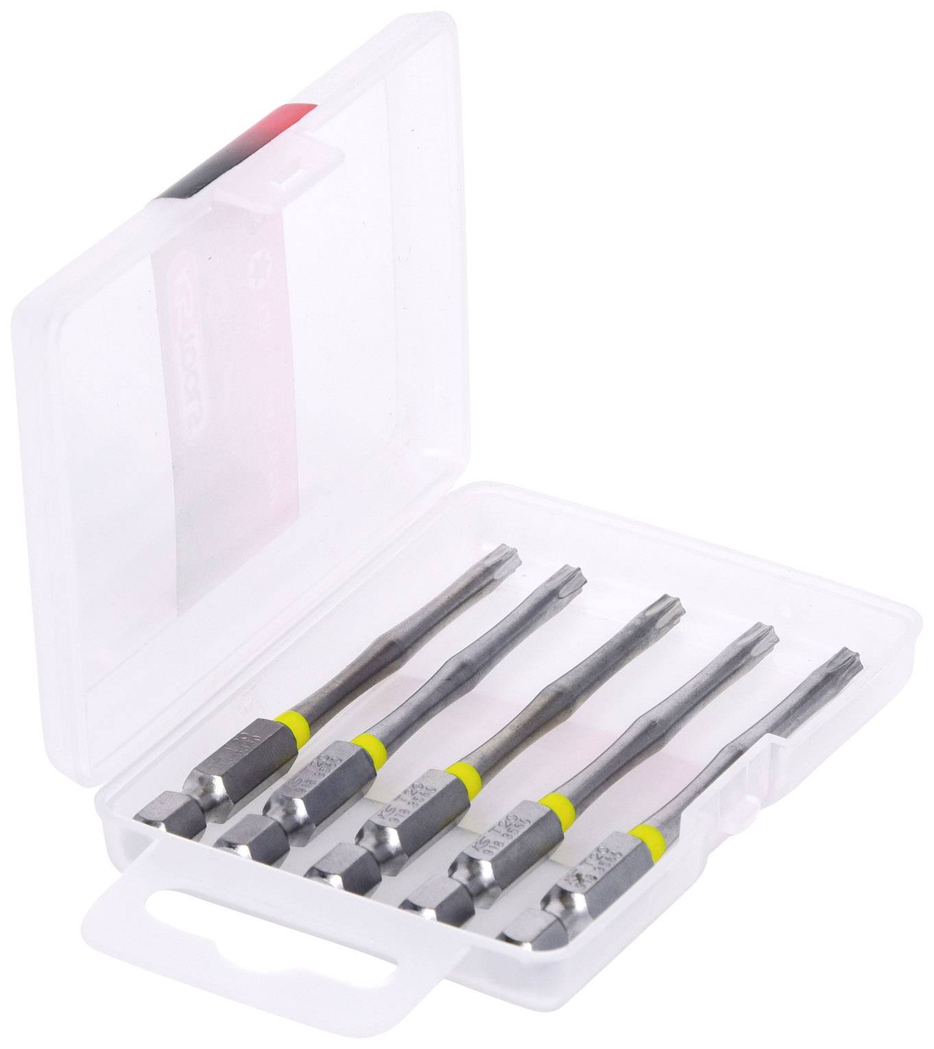 Ein Set aus fünf Schraubendrehereinsätzen in einer durchsichtigen Kunststoffbox, geeignet für Spezialschrauben mit Torx-Kopf.