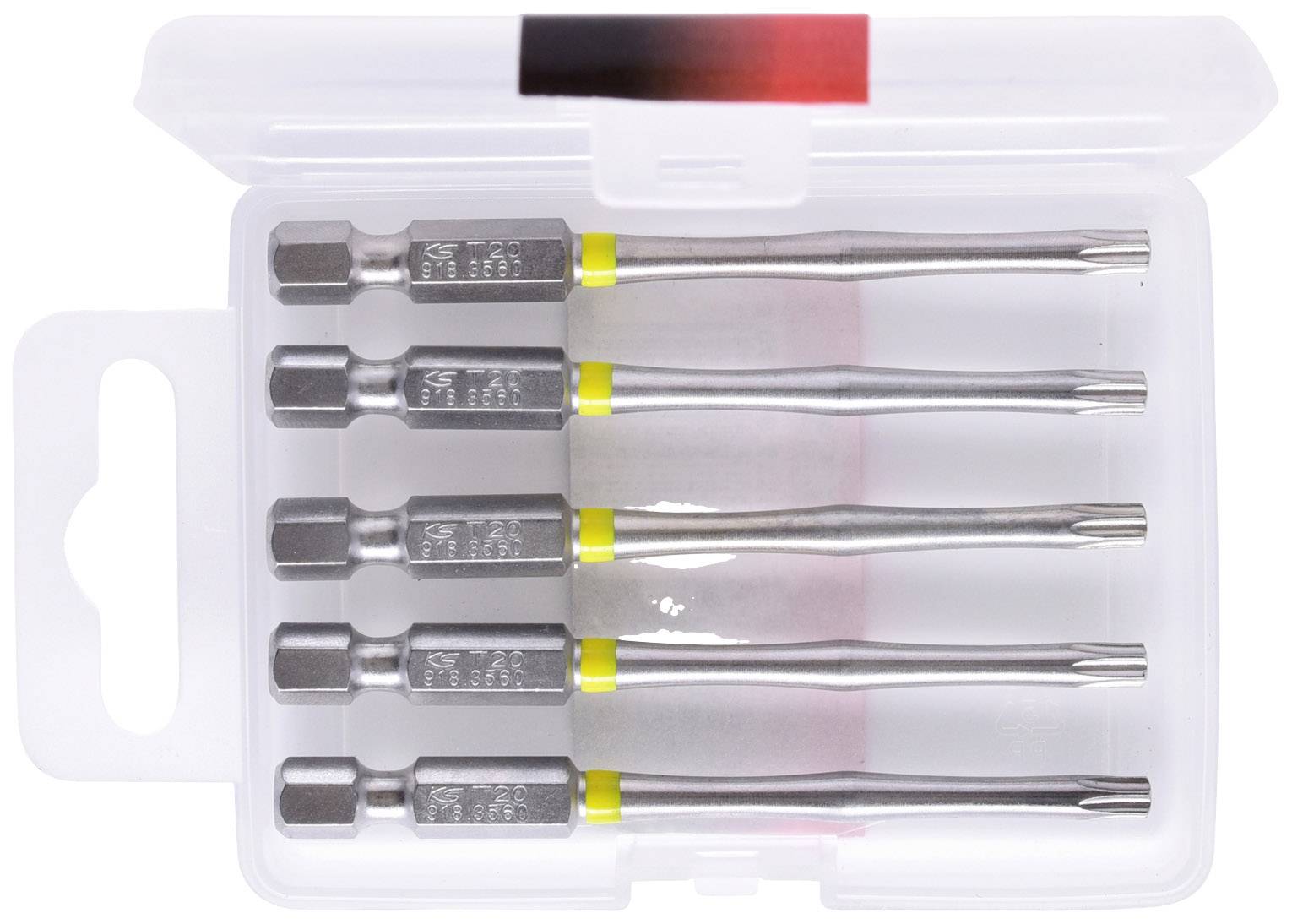Fünf lange Schraubendreher-Bits mit gelben Markierungen in einer transparenten Plastikbox, geeignet für präzise Schraubarbeiten.