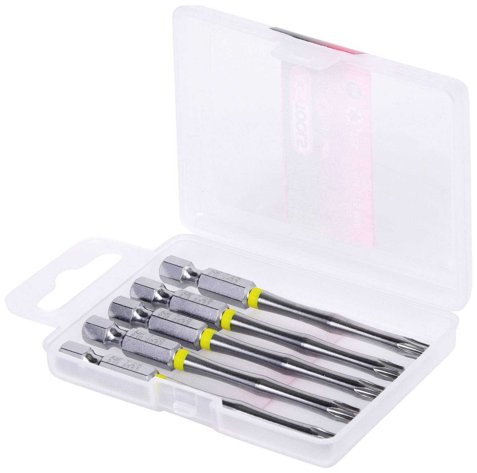 Ein offenes Kunststoffetui mit fünf Schraubbits in verschiedenen Größen. Die Bits haben gelbe Markierungen und sind für Bohrmaschinen geeignet.