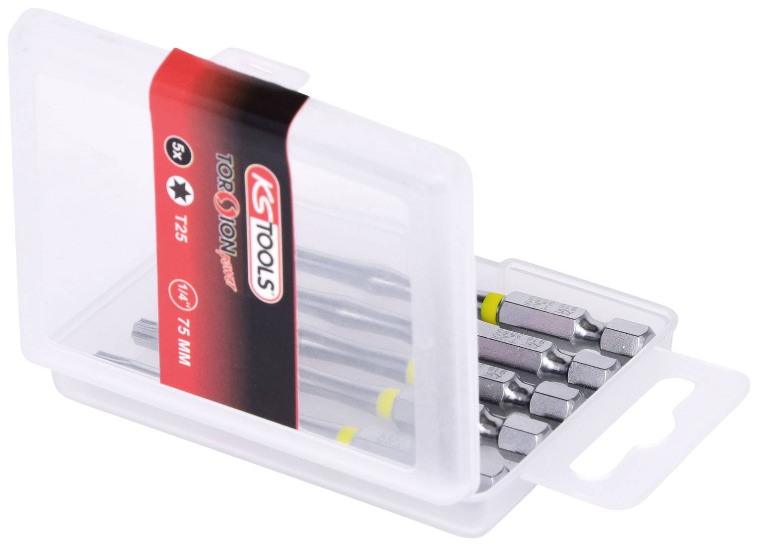 Eine offene Plastikverpackung enthält mehrere T25 Schraubendreher-Bits der Marke KS Tools.