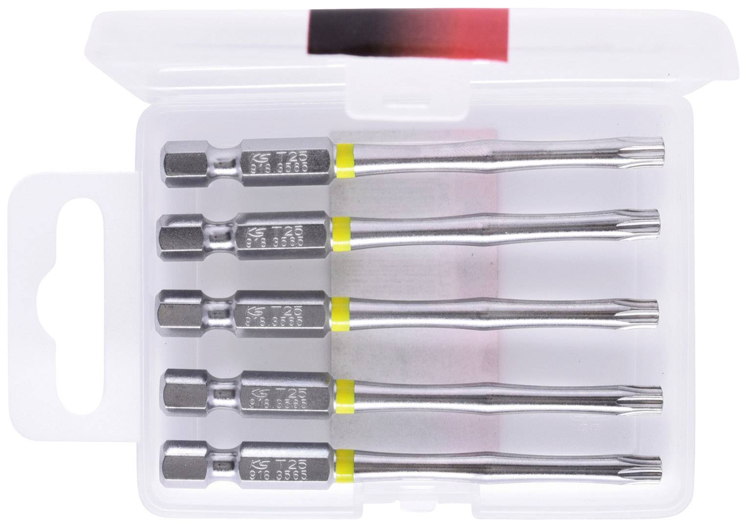 Fünf silberne Schraubendreheraufsätze in einer transparenten Plastikbox, jeder mit einem gelben Ring zur Kennzeichnung.