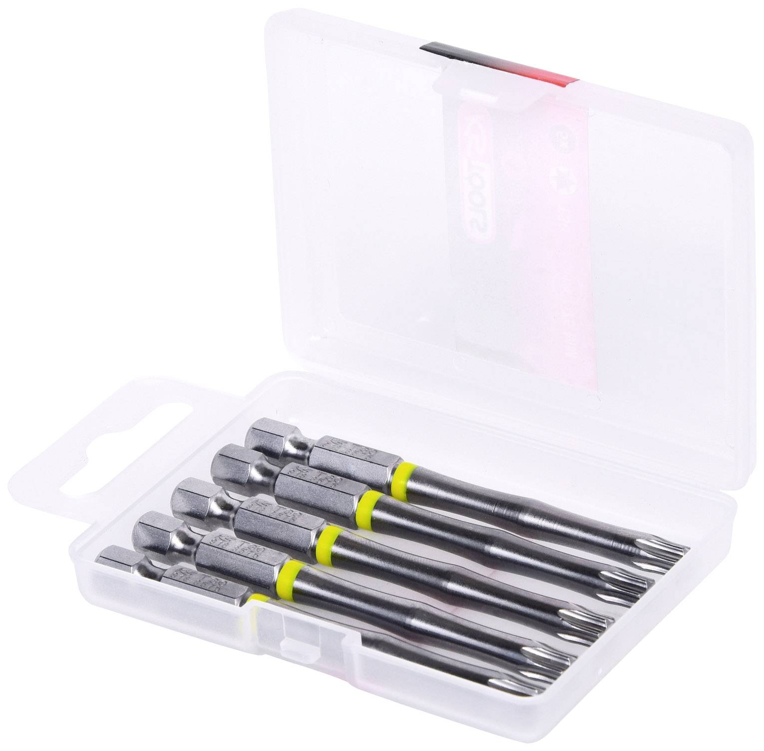 Ein Set von sechs Schraubendrehern mit farblich markierten Griffen in einem transparenten Kunststoffetui.