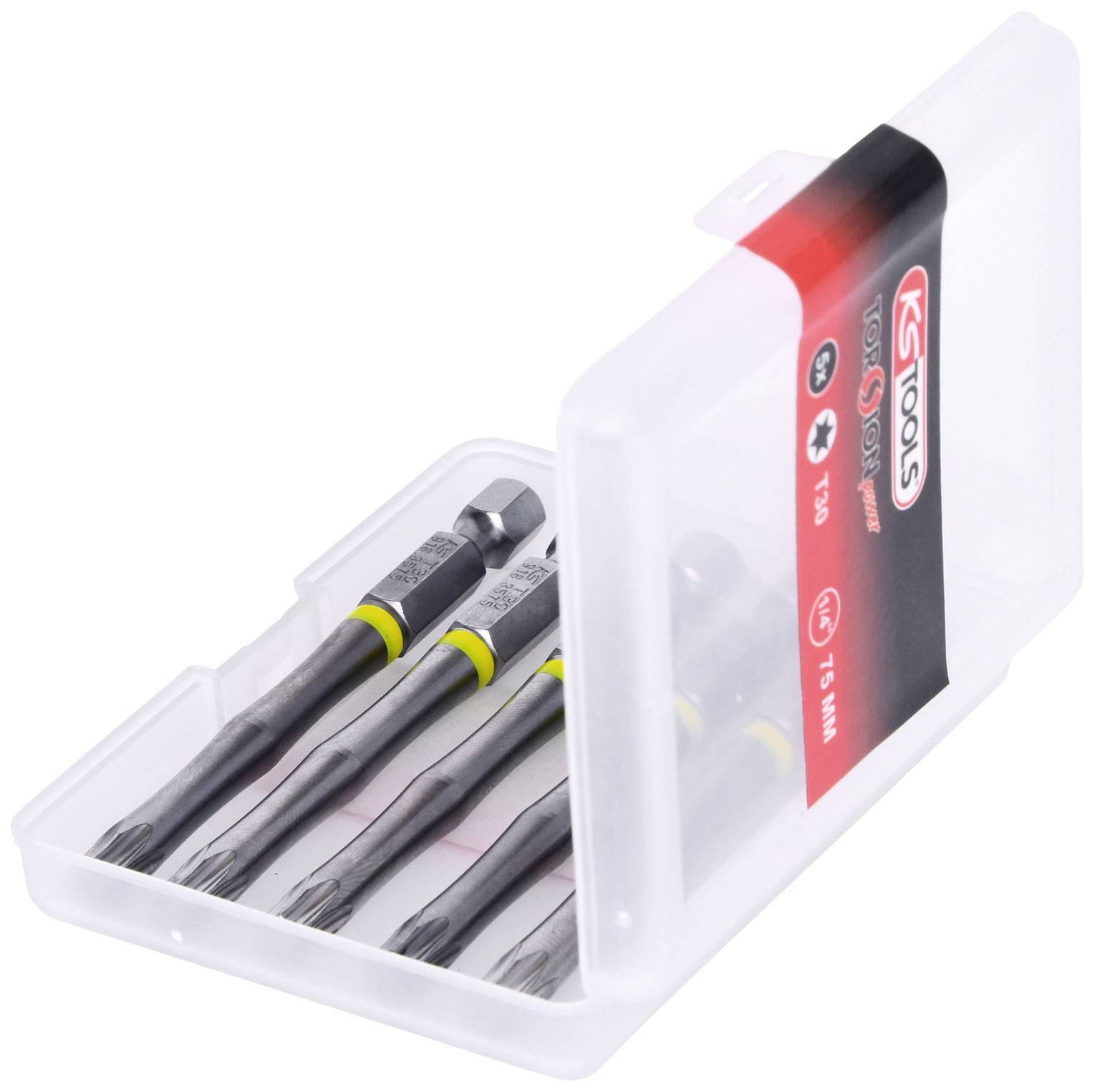 Ein transparentes Kunststoffetui enthält mehrere Torx-Bits. Das Etui hat ein Etikett mit der Aufschrift 'KS Tools' und Größenangaben.