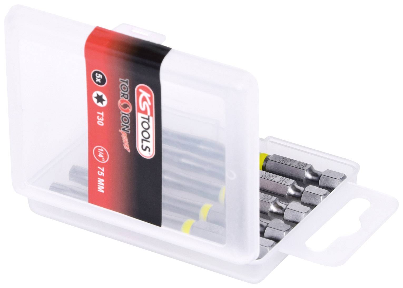 Transparente Kunststoffbox mit Schraubendreherbits, rote und schwarze Etikettenmarkierung, 'KS TOOLS', 'TORQ' und Maße.