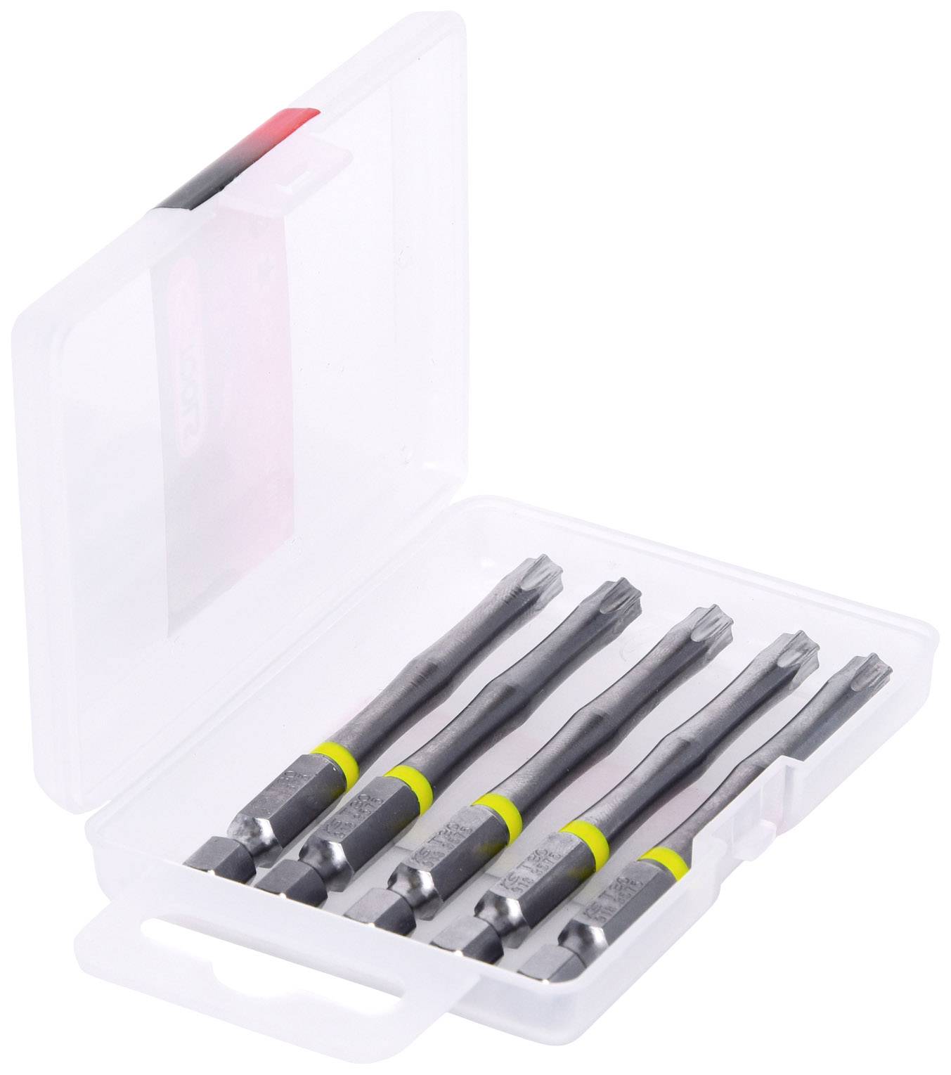 Transparente Kunststoffbox mit sechs Schraubendrehern in verschiedenen Größen, die durch farbige Markierungen gekennzeichnet sind.