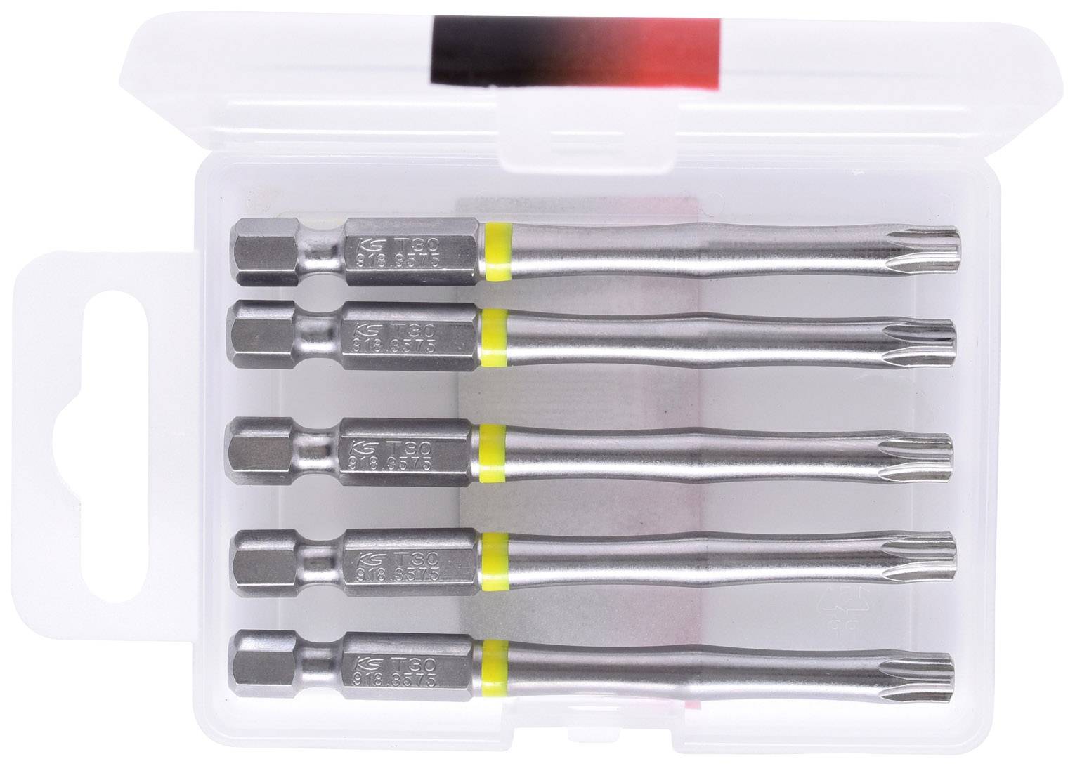 Fünf lange Torx-Bits mit gelben Bändern sind in einer transparenten Plastikbox angeordnet.