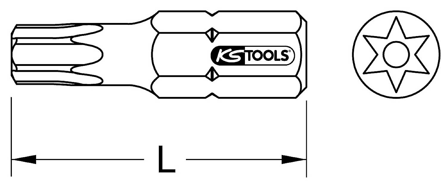 Abbildung eines Torx-Bits mit sechszackiger Sternspitze und 'KS TOOLS'-Aufschrift. Länge 'L' angegeben durch Pfeile.