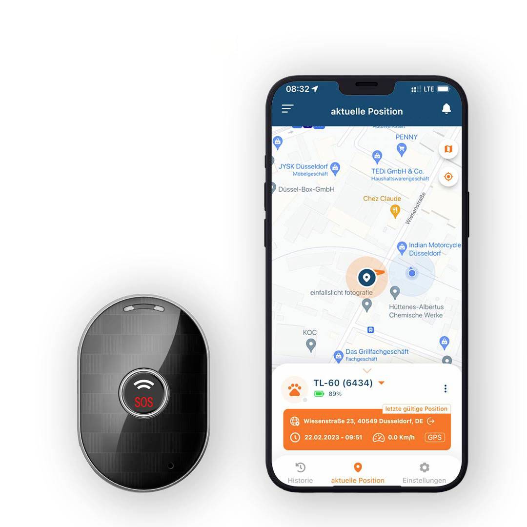 Ein Smartphone zeigt eine App mit einer Karte und Standortverfolgung. Daneben liegt ein GPS-Gerät mit einem SOS-Knopf.