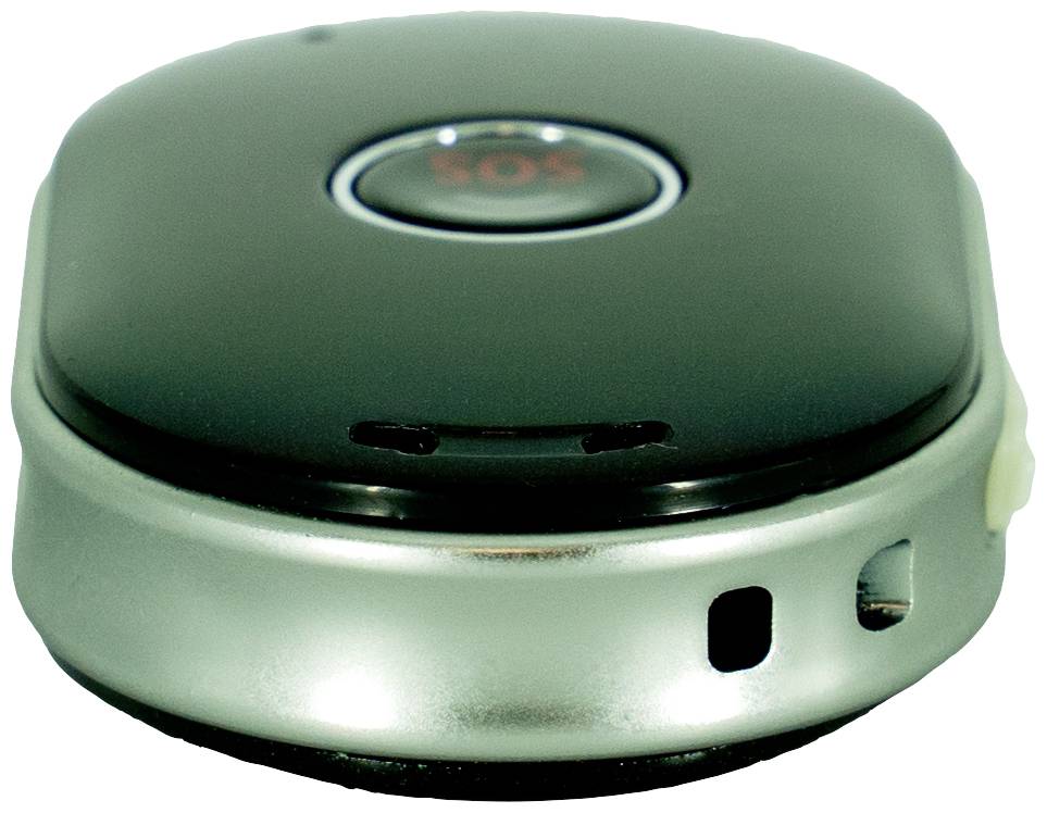 Ein kleines, rundes Gerät mit einem schwarzen oberen Bereich und der Aufschrift 'SOS' in der Mitte, vermutlich ein Notfallknopf.