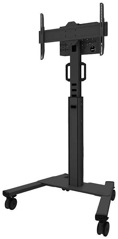 Mobiler TV-Ständer mit Rädern, verstellbarer Halterung und Handgriffen für Transport. Geeignet für Präsentationen oder Büros.