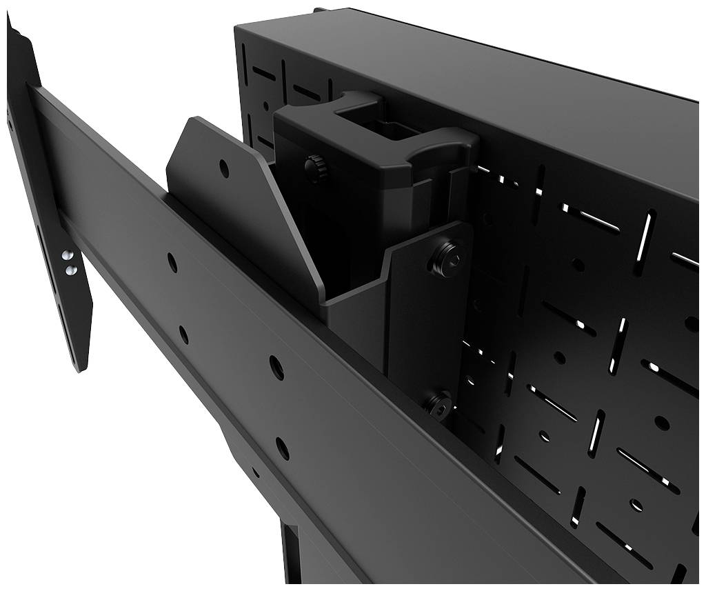 Metallische Halterung mit verschraubten Verbindungen, zur Aufnahme und Befestigung von Bauteilen, vor einem perforierten Panel.