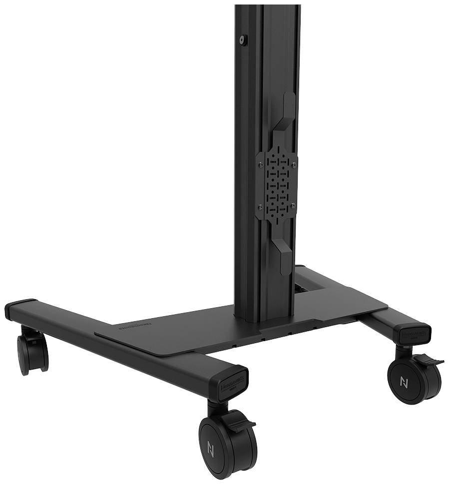 Ein mobiler Standfuß mit Rollen, geeignet für Monitore oder Bildschirme. Robuste Konstruktion und verstellbare Höhe.
