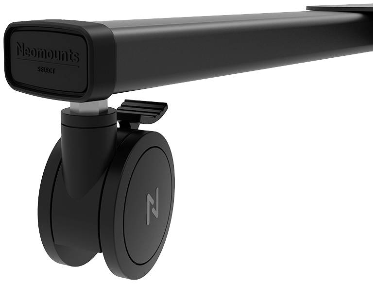 Ein schwarzes Lenkrad mit einem Rad von Neomounts, geeignet für Möbel oder Geräte, das Stabilität und Mobilität ermöglicht.