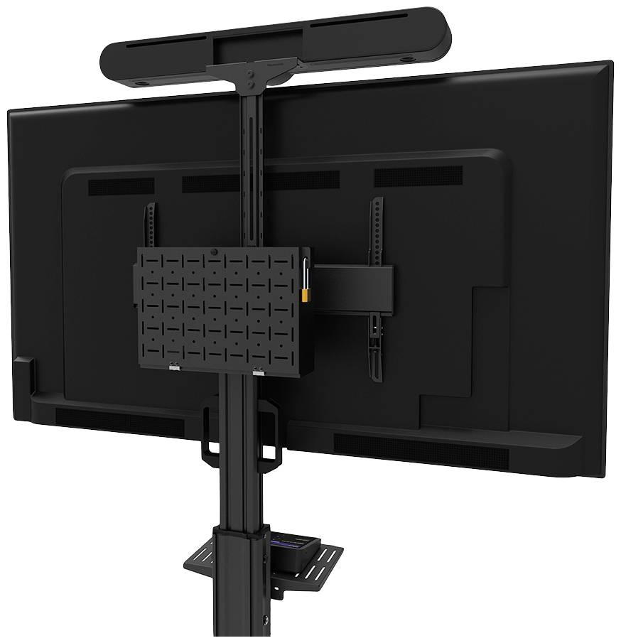 Rückansicht eines großen Flachbildschirms auf einem verstellbaren Ständer, der Kabel und Halterungen zeigt. Geeignet für Präsentationen.