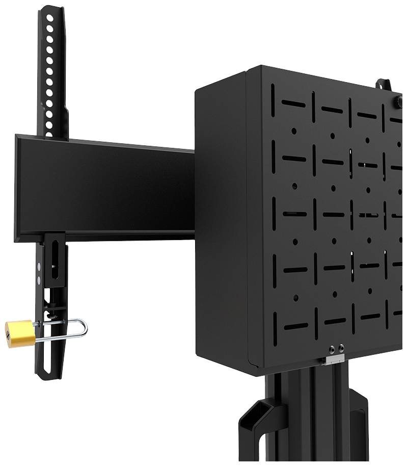 Wandhalterung für Monitore oder TV-Geräte, schwarzes Metall mit verstellbaren Halterungen, geeignet für verschiedene Bildschirmgrößen.
