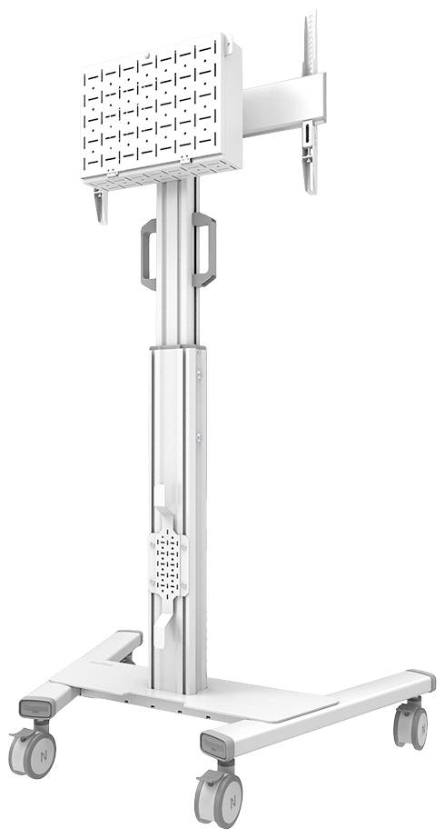 Ein rollbarer, höhenverstellbarer medizinischer Gerätehalter mit einem stabilen Metallrahmen und vier Rädern für flexible Beweglichkeit.