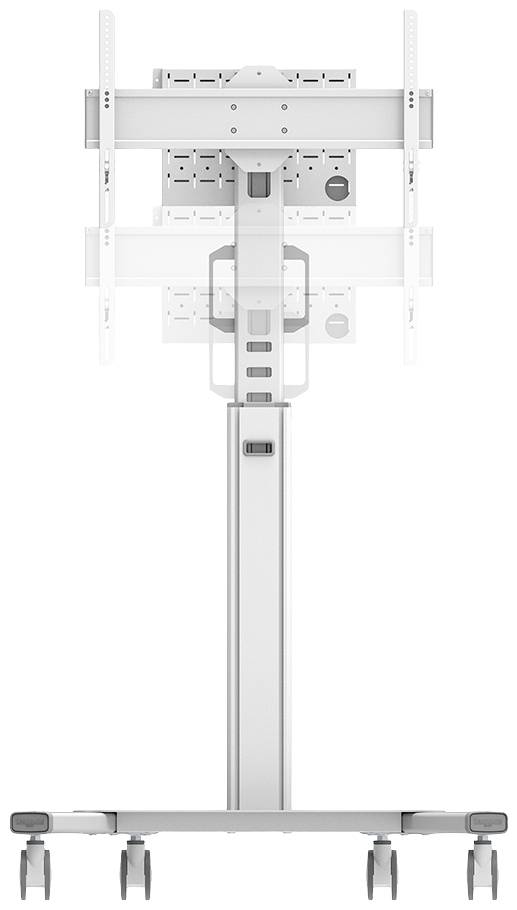 Ein weißer, rollbarer TV-Standfuß mit verstellbaren Halterungen zum Befestigen eines Bildschirms. Geeignet für Präsentationen und mobile Nutzung.
