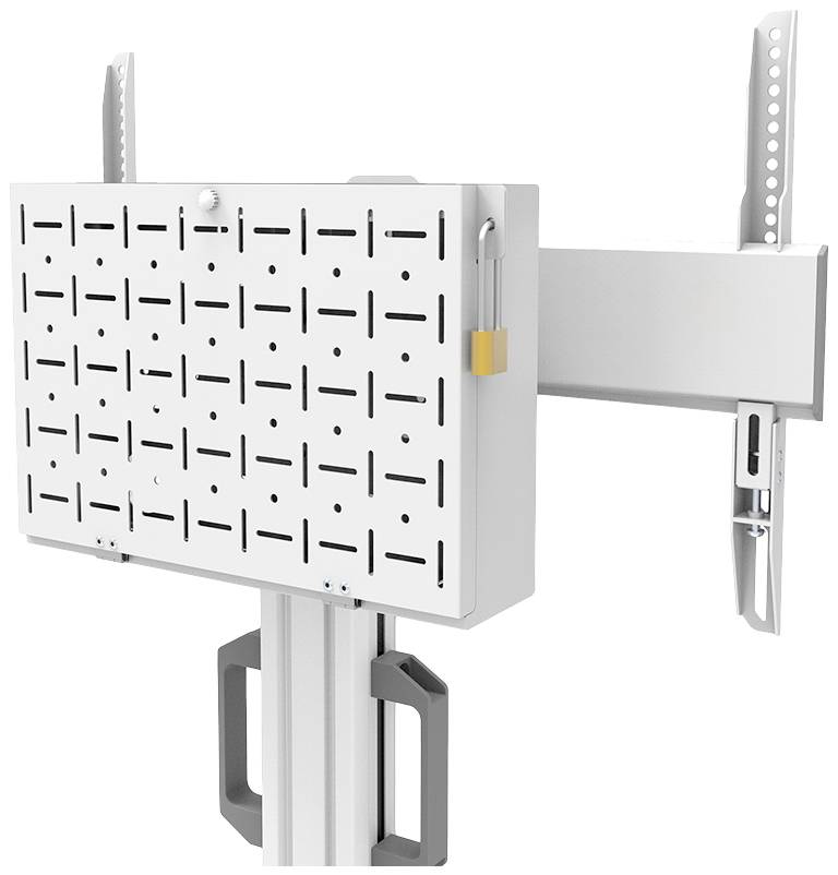 Halterungssystem für Displays, mit flexiblem Montagearm und perforierter Platte zur Werkzeugaufbewahrung.