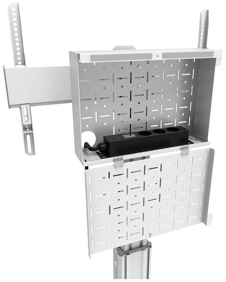 Metallkasten mit offener Tür, montiert an einem Mast, enthält eine Steckdosenleiste. Geeignet für Kabelmanagement oder Stromverteilung.