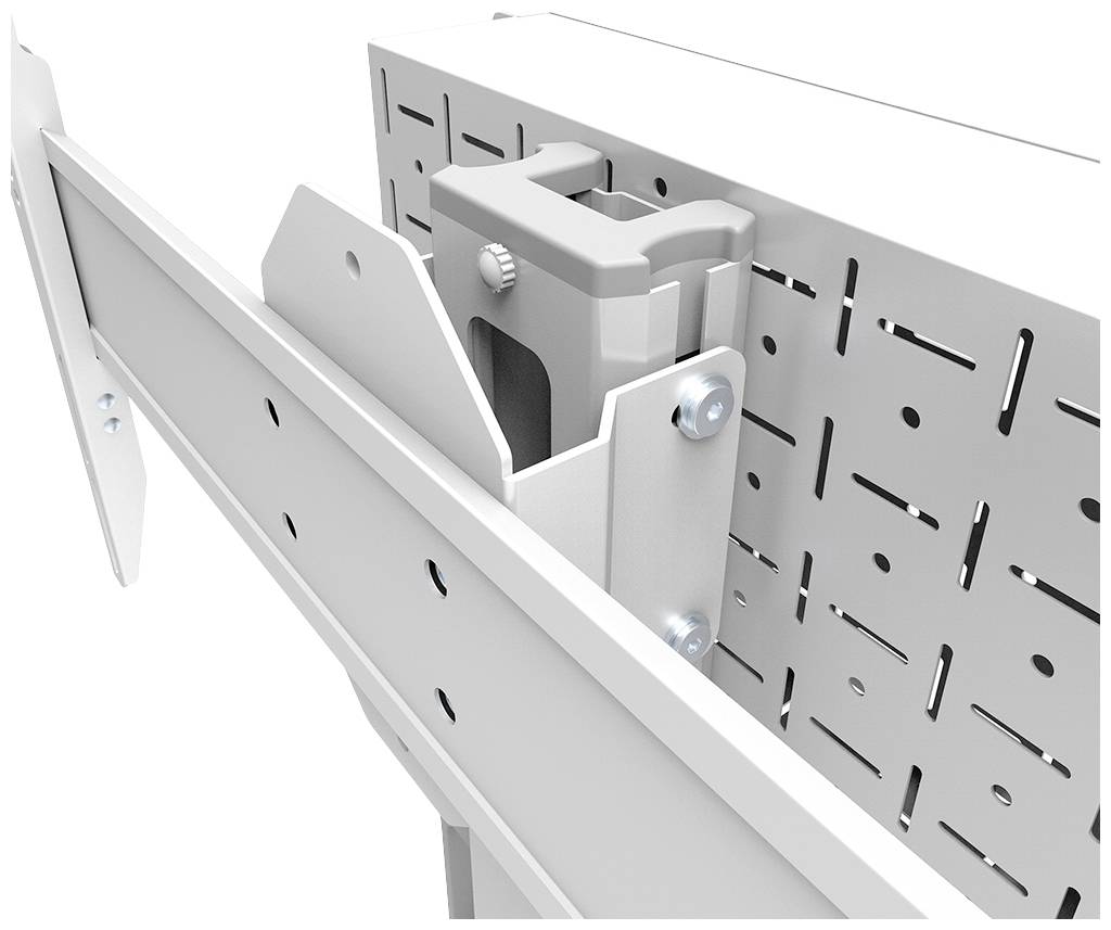 Ein weißes Metallbauteil mit Halterung und Schrauben, dargestellt in einem technischen Kontext.