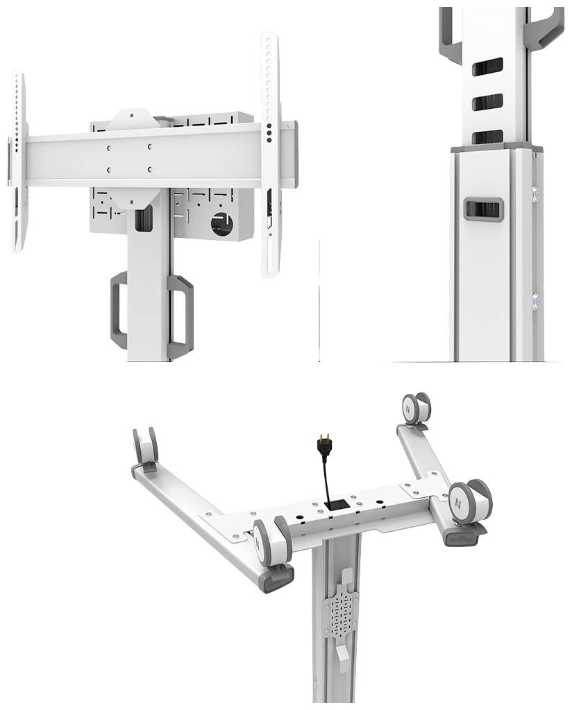 TV-Wandhalterung in Weiß mit verstellbaren Armen und Kabelmanagement-System. Eignet sich für Flachbildschirme zur einfachen Montage.