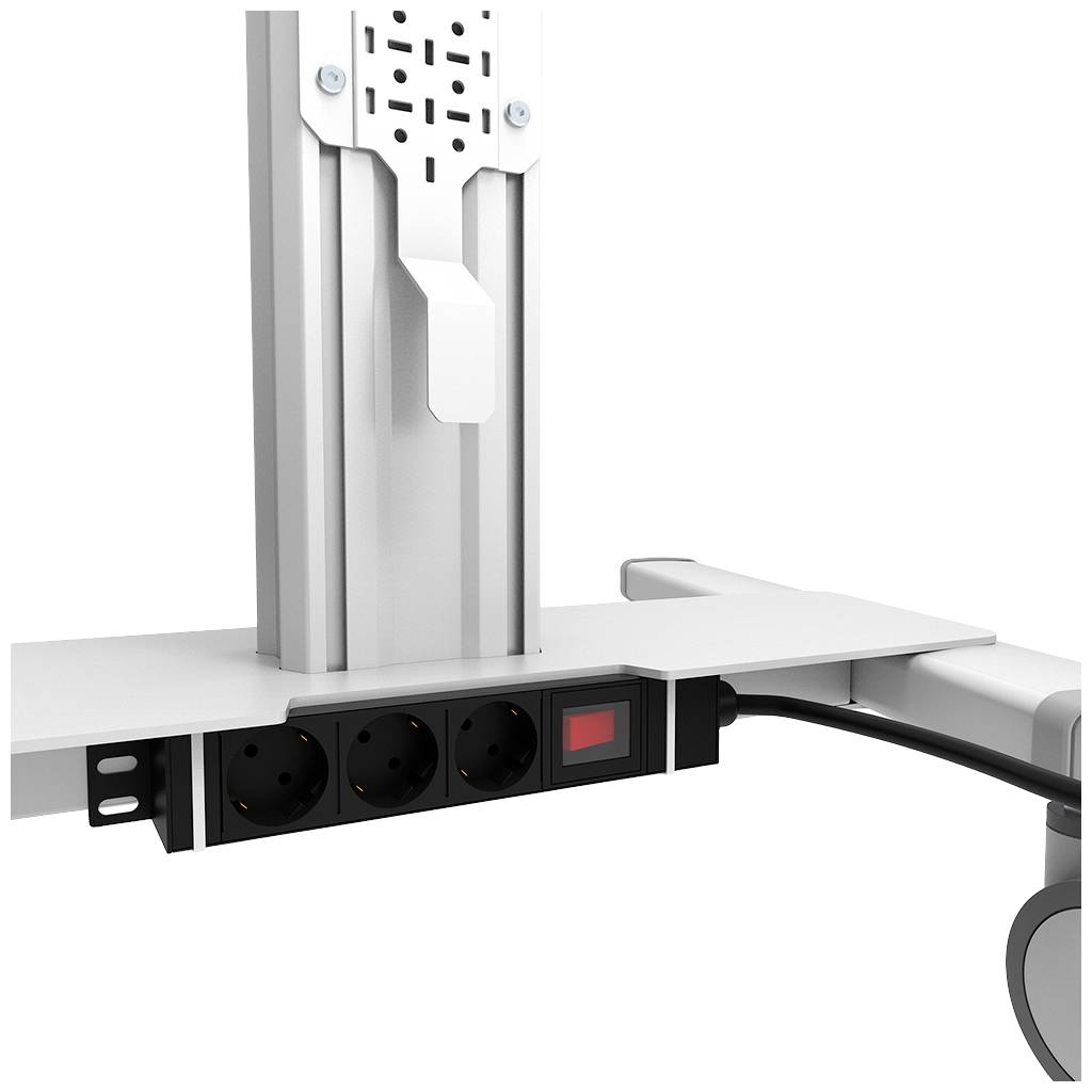 Kabelmanagement-System mit zwei schwarzen Steckdosen und einem roten Schalter, montiert an einer Aluminiumhalterung.