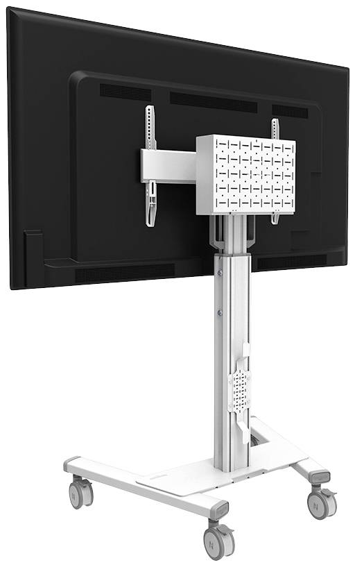 Rollständer mit großem Monitor, Rückansicht. Der Ständer aus Metall hat Rollen für Mobilität und eine verstellbare Haltevorrichtung.
