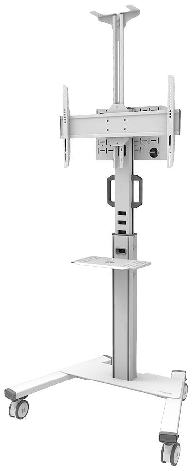 Mobiler TV-Ständer auf Rädern, höhenverstellbar, mit Halterungen für Bildschirme und einer Ablage für Geräte.