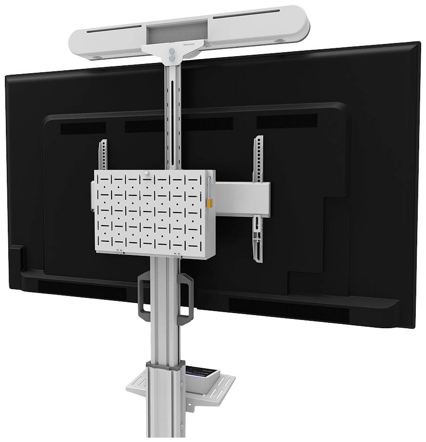 Ein Bildschirmhalterungssystem, das einen großen Monitor von hinten zeigt, montiert an einem höhenverstellbaren Standfuß.