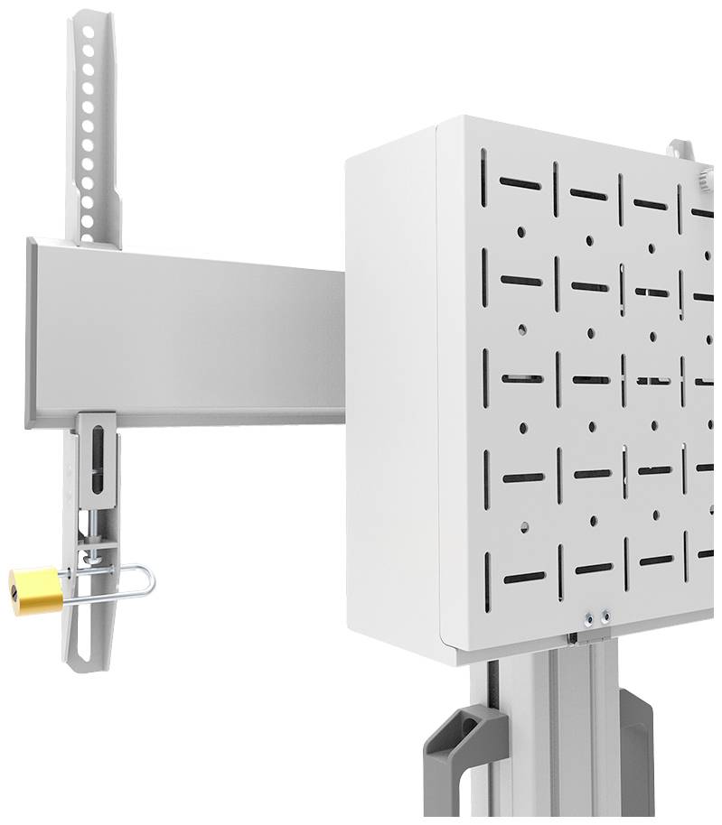 Ein weißes Metallgestell mit perforiertem Muster, an einer grauen Halterung befestigt, mit einem kleinen gelben Schloss auf der linken Seite.