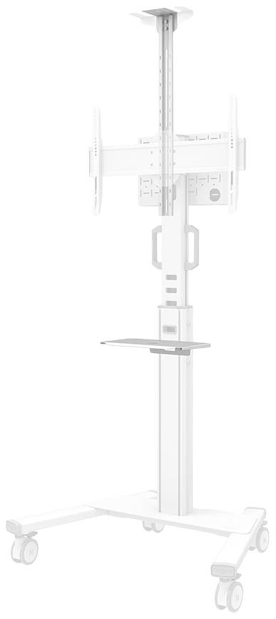 Mobile, höhenverstellbare Halterung mit Rädern, geeignet für Monitore oder Fernsehgeräte, integriertes Kabelmanagement.