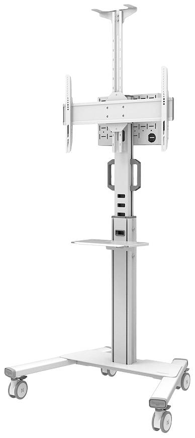 Ein mobiler TV-Ständer mit verstellbarer Halterung, eingebautem Regalfach und vier Rädern zur einfachen Bewegung.