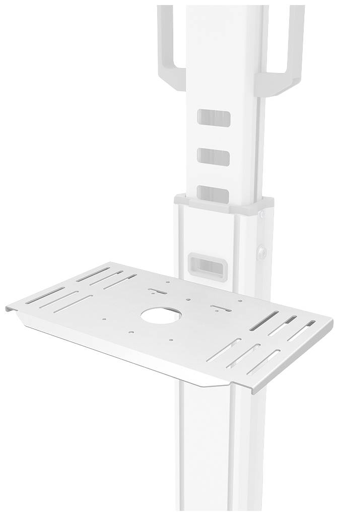 Weiße Halterung oder Ablage, montiert an einem vertikalen Träger, mit mehreren Schlitzen und einem runden Loch in der Mitte.