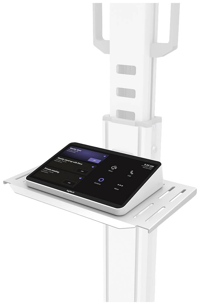 Ein schwarzes, rechteckiges Touchscreen-Bedienfeld auf einem weißen Ständer zeigt Anruf- und Steuerungsoptionen an.