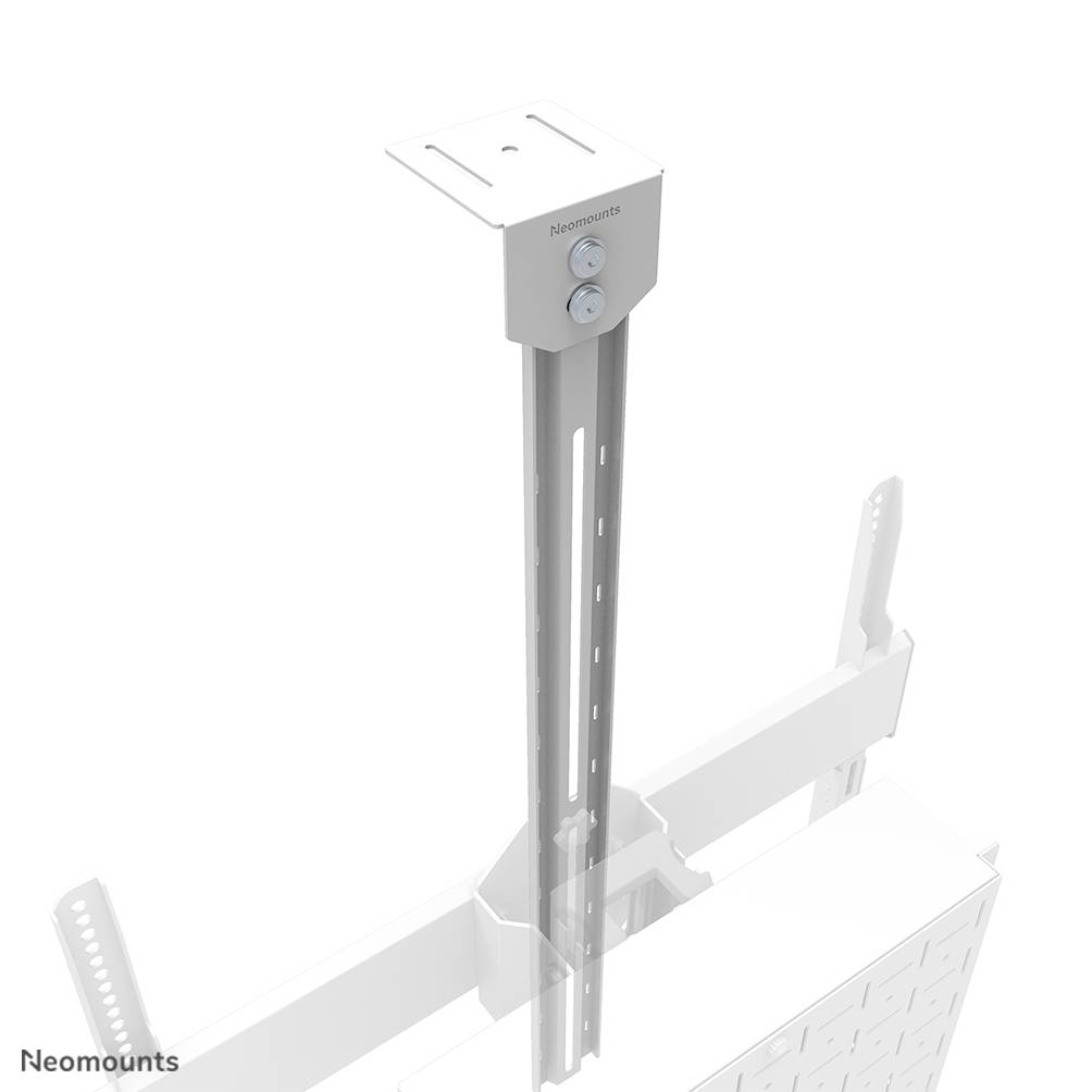 Deckenhalterung von Neomounts, angepasst für die Montage eines Bildschirms, zeigt verstellbare Stangen und Befestigungselemente.