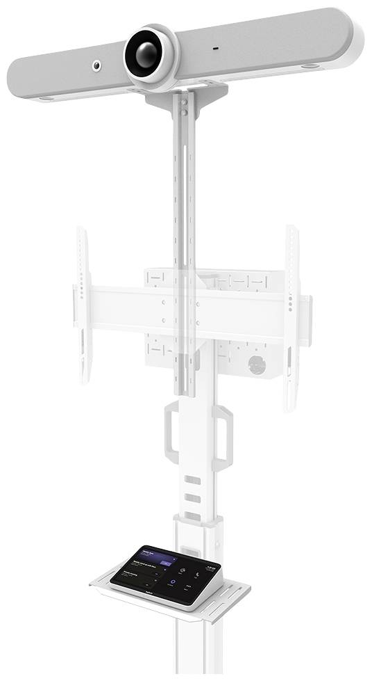 Ein Videokonferenzsystem mit Kamera, Mikrofonleiste und Displayhalterung, geeignet für professionelle Besprechungsräume.