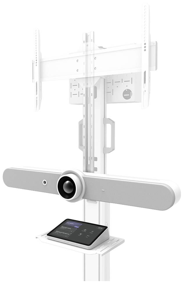 Eine Videokonferenzkamera mit integriertem Lautsprechersystem ist auf einem Ständer montiert. Darunter befindet sich ein Touch-Bedienfeld.