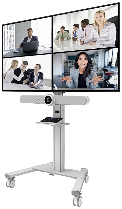 Videokonferenzsystem auf Rollständer zeigt vier Bildschirme mit Personen in virtuellen Meetings. Perfekt für Büromeetings aus der Ferne.
