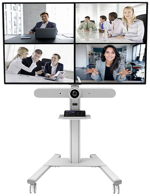 Mehrere Menschen in verschiedenen Videokonferenzen auf einem Bildschirm, montiert auf einem fahrbaren Ständer mit Kamera und Lautsprechern.