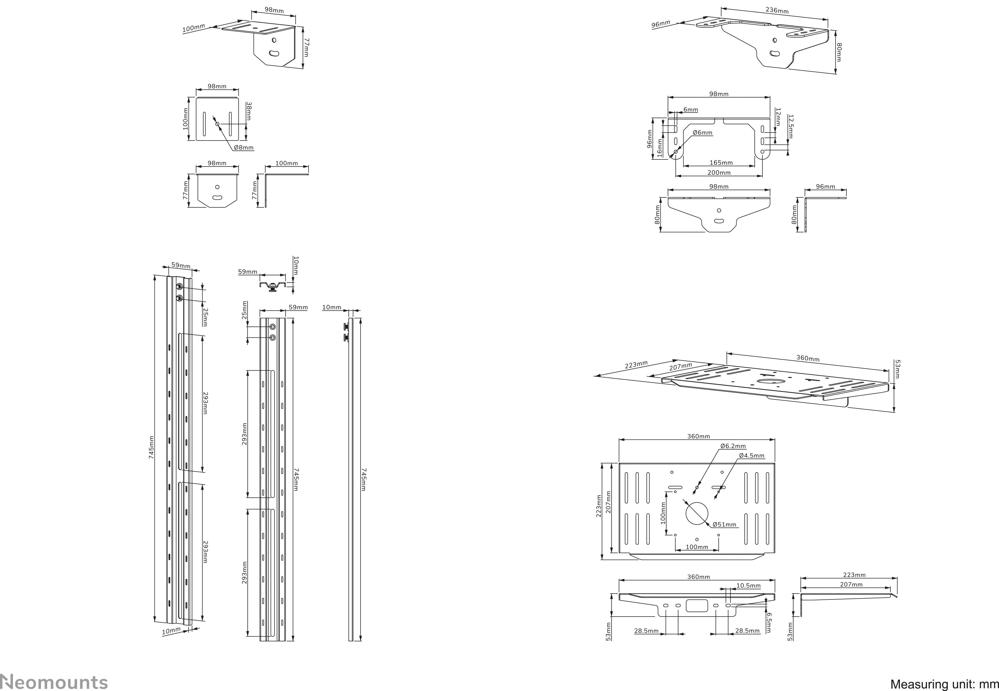 Technische Zeichnung einer Monitorhalterung mit Maßen in Millimetern. Beinhaltet Ansichten der Montageplatte, Schwenkarm und Halterungen.