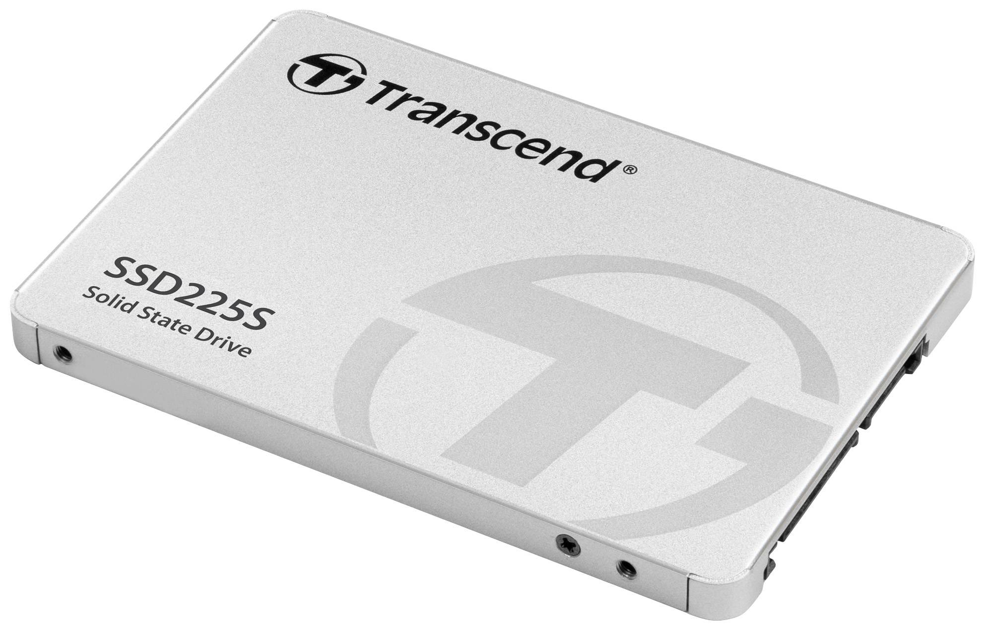Silberne Solid-State-Drive (SSD) von Transcend, Modell SSD225S, mit Firmenlogo auf der Oberseite.