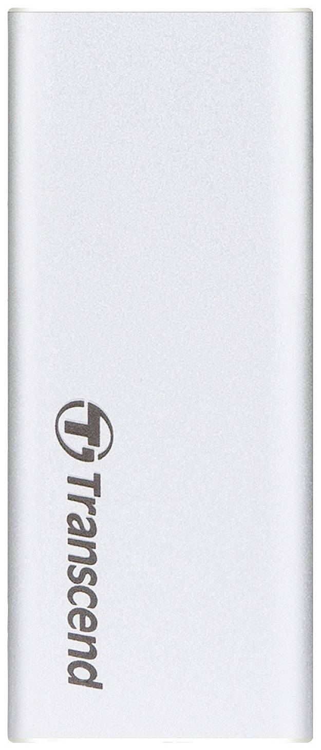 Ein silbernes Transcend-SSD-Laufwerk in rechteckiger Form.