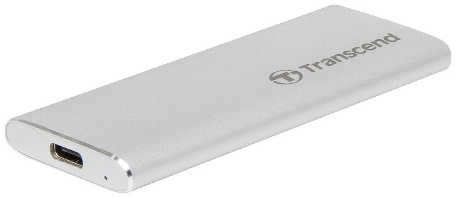 Externe Festplatte von Transcend in silberner Optik mit USB-Anschluss.