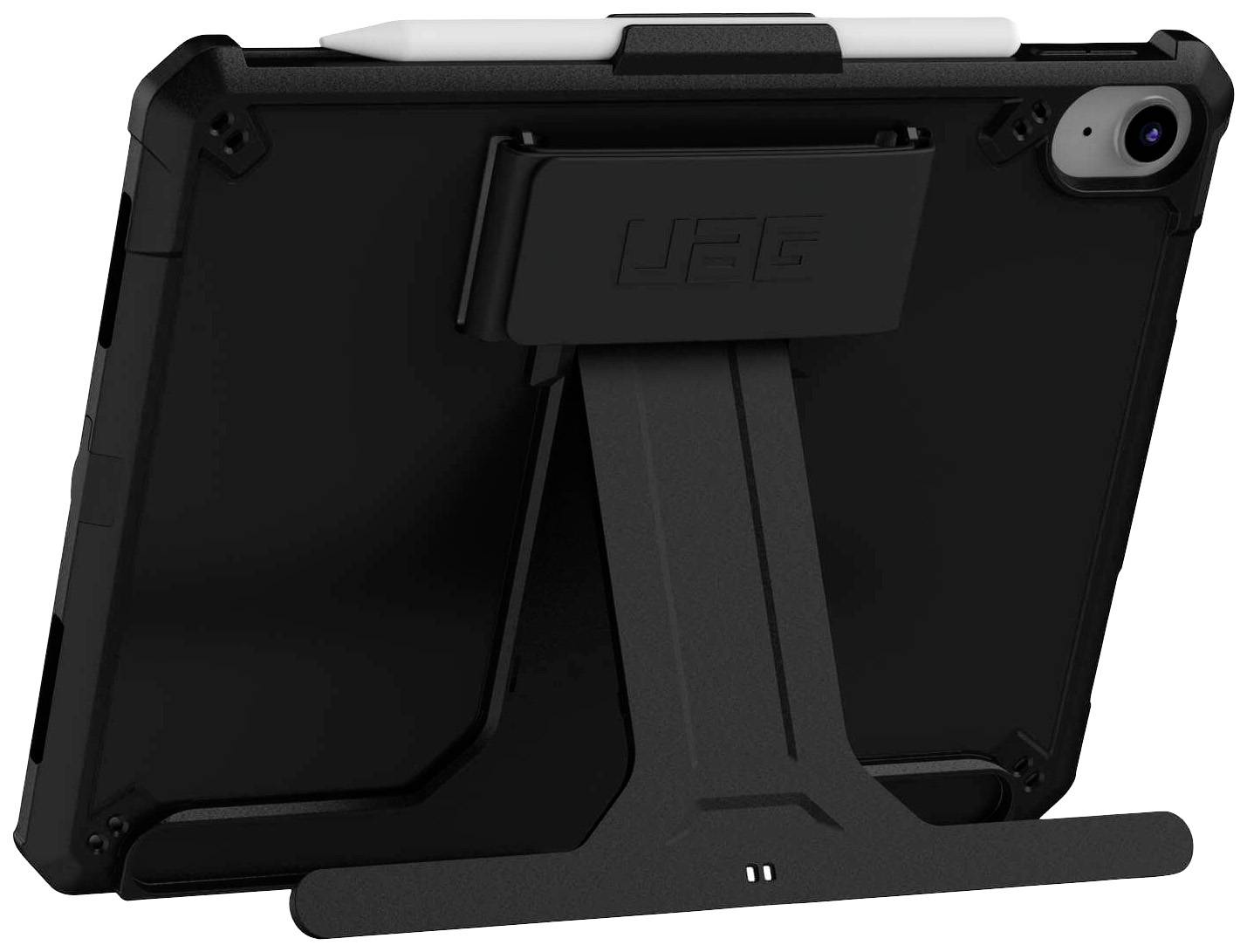 Ein schwarzes Tablet mit Schutzhülle und Ständer. Ein Stift liegt oben auf dem Tablet. Die Rückkamera ist sichtbar.