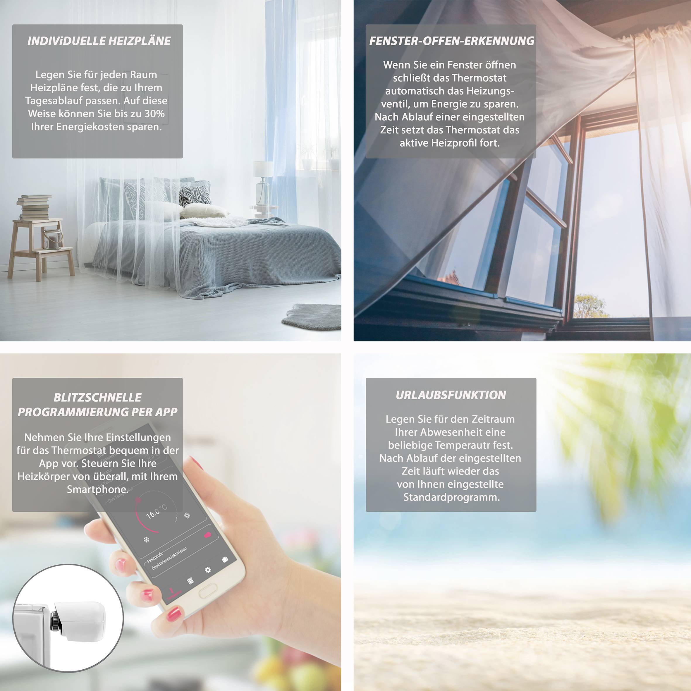 Zwei Bilder: links ein Wohnzimmer mit Text zu Heizplänen, rechts ein geöffnetes Fenster mit Text zur Fensteröffnungserkennung. Unten links ein Smartphone mit Heizsteuerungsapp.