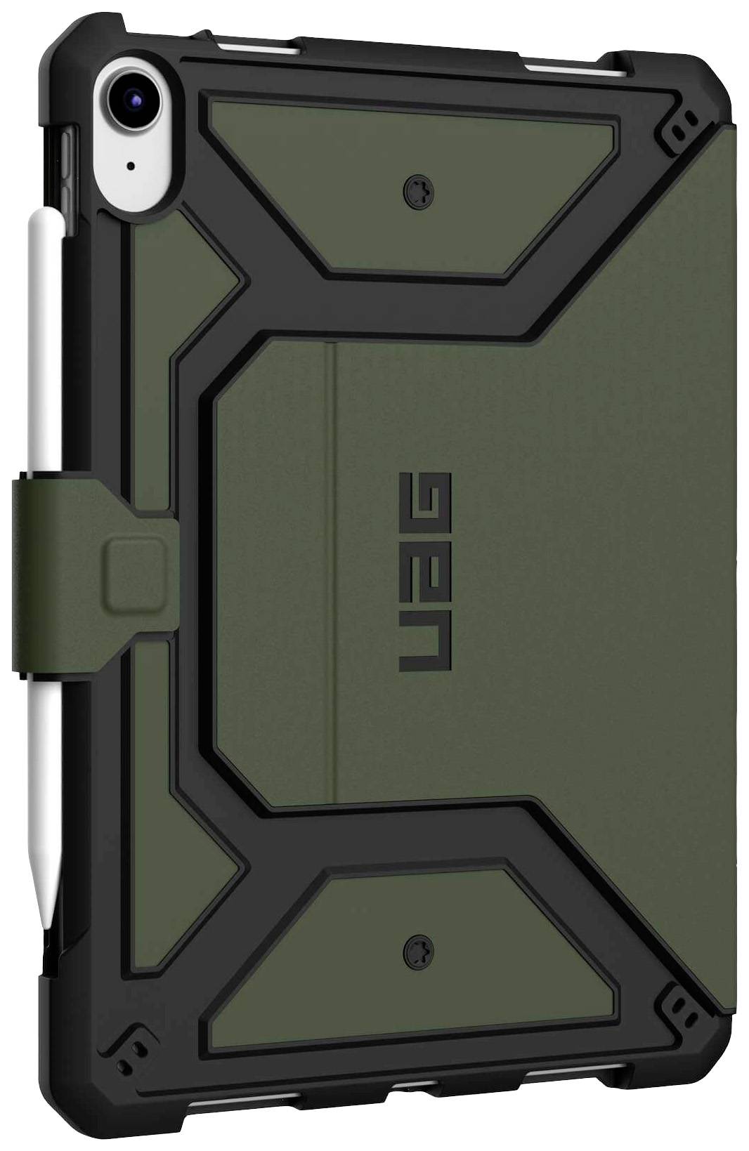 Widerstandsfähiges Tablet-Case in Grün und Schwarz mit integriertem Stifthalter, schützt das Gerät vor Stößen und Kratzern.