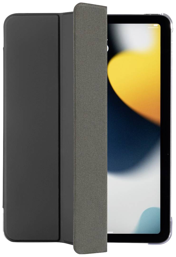 Tablet mit einem teilweise geschlossenen schwarzen Etui, das den Bildschirm mit einem farbenfrohen Hintergrund zeigt.