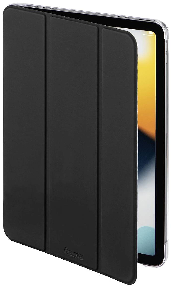 Ein schwarzes Tablet-Cover, leicht geöffnet, zeigt ein darunter liegendes Tablet mit teils sichtbarem Bildschirm im Hintergrund.