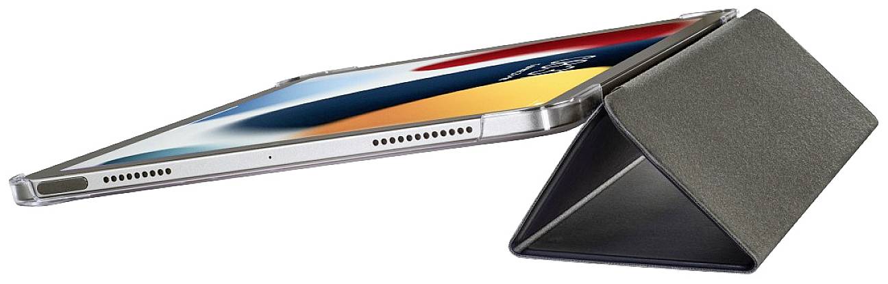 Ein Tablet liegt halb aufgeklappt in einer Hülle, das Display zeigt bunte Streifen.